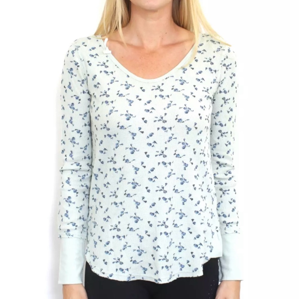 NWOT Free People Mint Blue Floral Layering Thermal Waffle Knit Long Sleeve Shirt